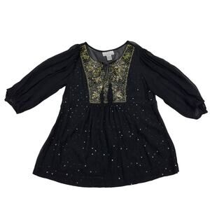 Casual Living Boho Hippie Semi-Sheer Embroidered Beaded Sequin Blouse Women's L
